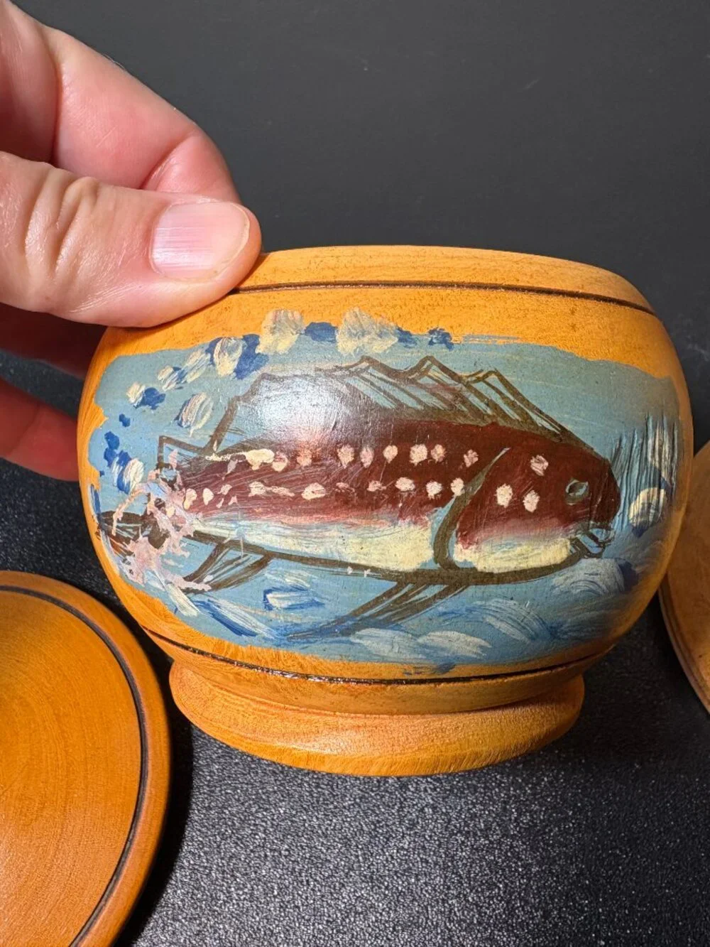 Mid Century Handmade & Painted Wooden Bowl & Utensil Holder Peru